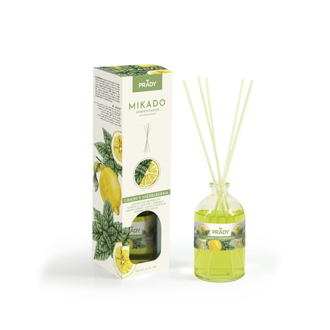 AMBIENTADOR MIKADO LIMÓN E HIERBABUENA PRADY FRASCO CRISTAL 100ML VARITAS DIFUSORAS