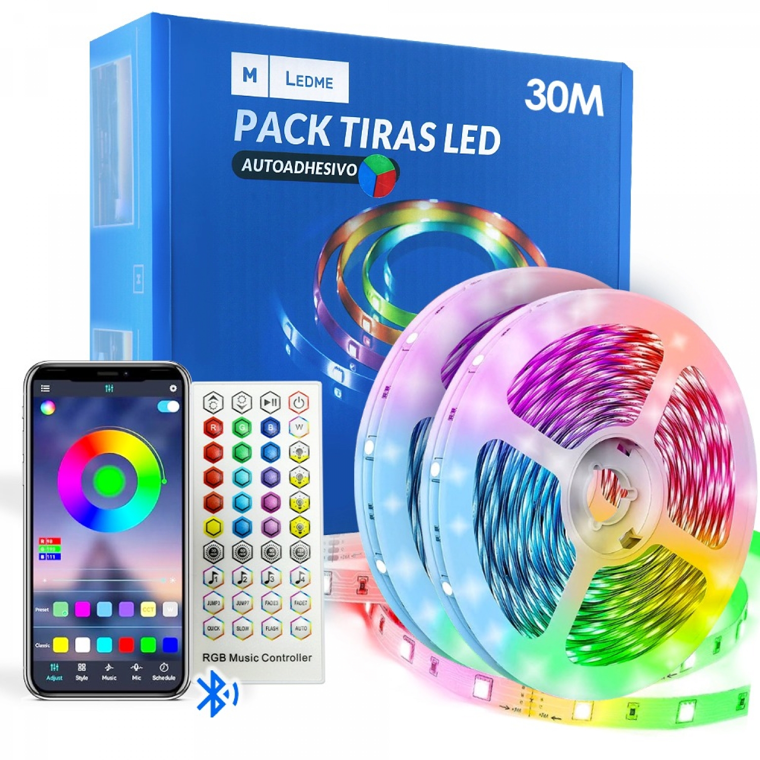 PACK TIRA LED DIGITAL RGB 24V SMD5050 30 METROS - APP + CONTROL REMOTO + FUENTE DE ALIMEN.