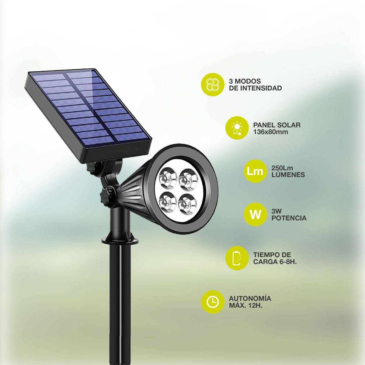 ESTACA SOLAR LED ALEZU GSC 3W LUZ BLANCA 6500K 250 LUMENES - REGULABLE - IP67