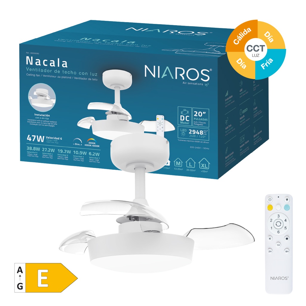 VENTILADOR TECHO NACALA GSC CON LUZ CCT REGULABLE Y MANDO Ø55 3 ASPAS RETRACTILES BLANCO